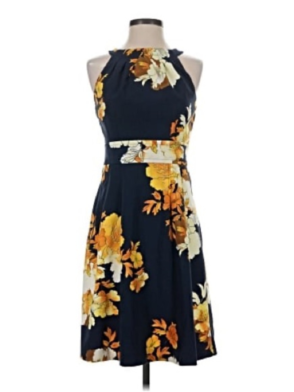 dressbarn Navy Halter Midi Dress with Yellow and Cream Floral Print